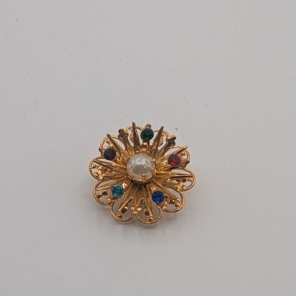 Vintage Gold Tone Filigree Flower Scarf Clip Faux Pearl Multi Color Rhinestone